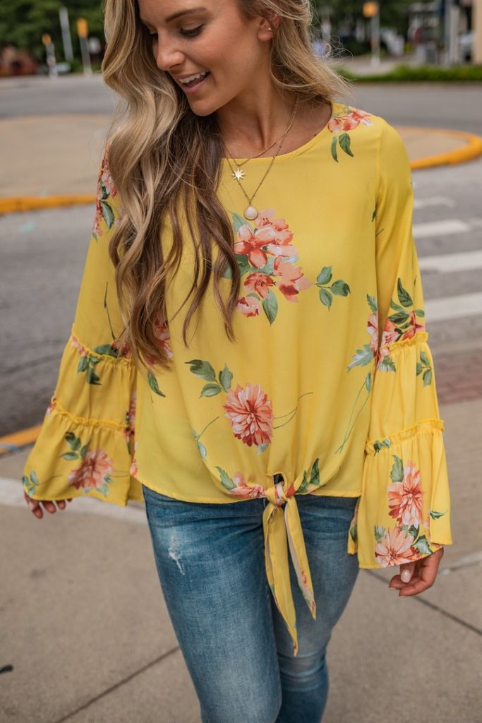 Yellow Floral Tie Front Top