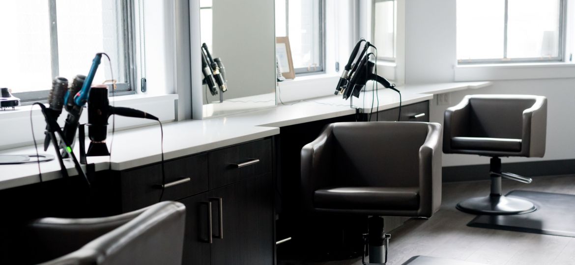 Black and white photo of hair salon