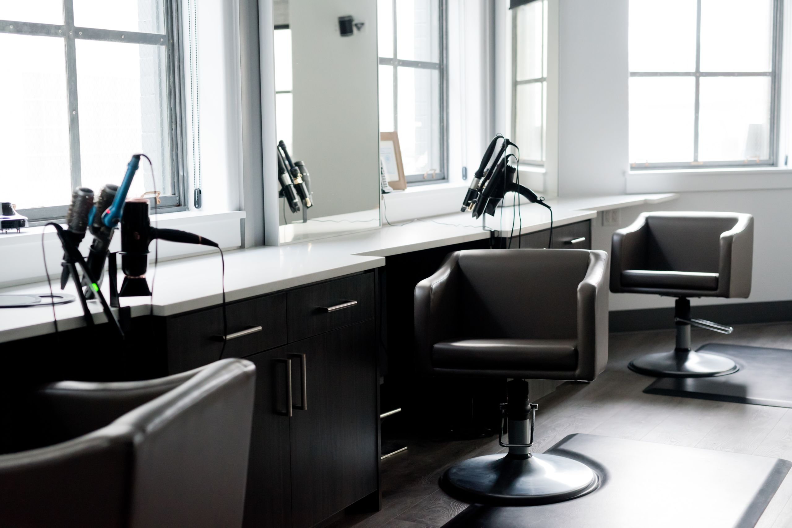 Black and white photo of hair salon