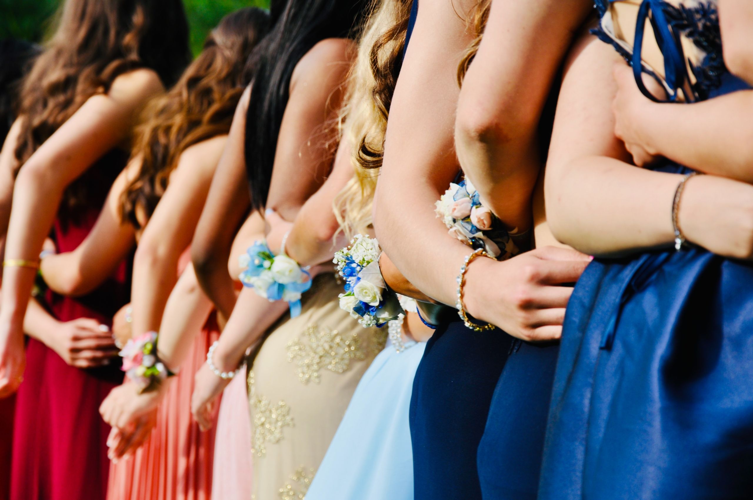 The photo depicts a group of girls posing for a photo in prom dresses.