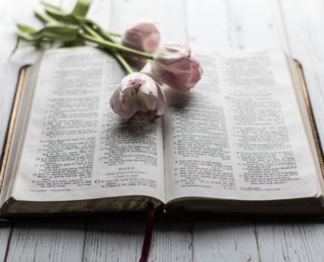 Bible with pink flowers laying on top