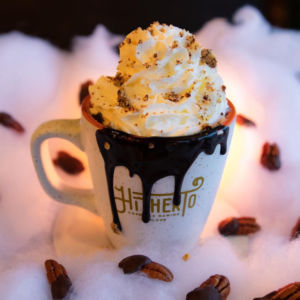 A mug of roasted pecan hot cocoa from Hitherto Coffee Company