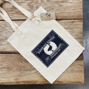 This is a 10th anniversary tote bag from Smoking Goose meatery.