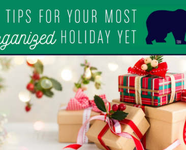 Text: "10 Tips for Your Most Organized Holiday Yet" above pictures of gifts