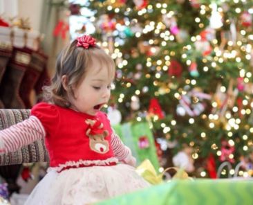 Girl surprised with joy opening a Christmas present