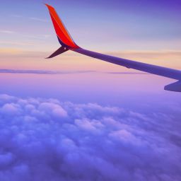 Tail of an airplane at sunset over purple clouds and sky