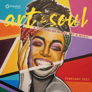 Art & Soul poster abstract poster with and African-American woman smiling while holding her hand up to her face. 