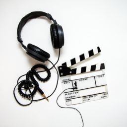 A photo of headphones and a clapboard