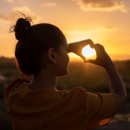 A photo of a woman holding a heart against the sun
