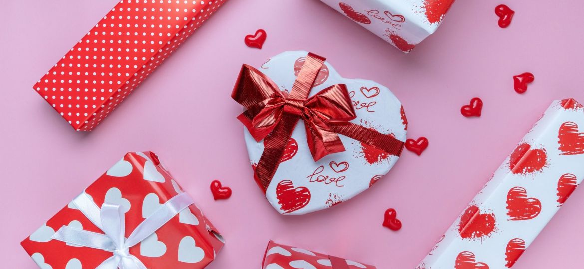 A photo of wrapped Valentine's Day gifts