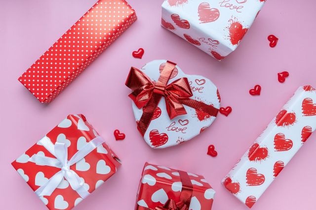 A photo of wrapped Valentine's Day gifts