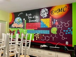 A photo of the inside of the Felege Hiywot Center with a wall of science paintings
