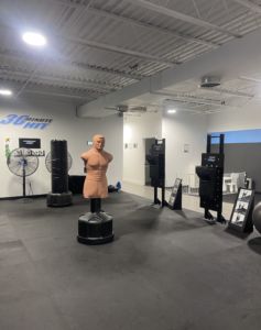A photo of a boxing dummy in a workout room