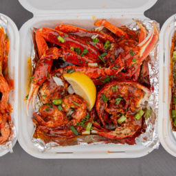 Three different photos of seafood dishes from TRAP