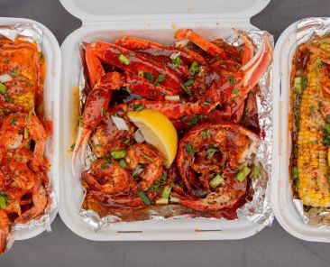 Three different photos of seafood dishes from TRAP