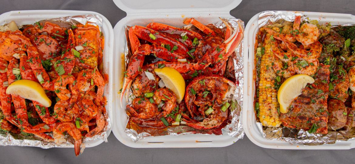Three different photos of seafood dishes from TRAP