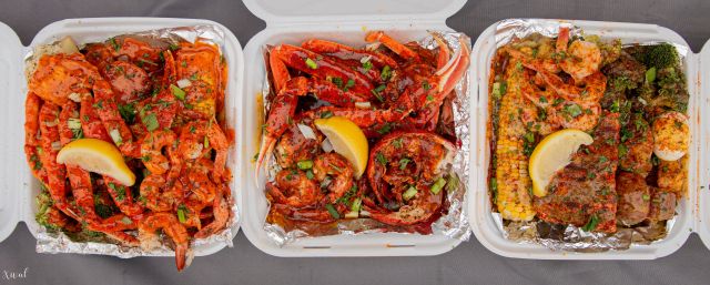 Three different photos of seafood dishes from TRAP