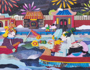 A photo of paper artwork of Chinese New Year with dragons and boats and fireworks