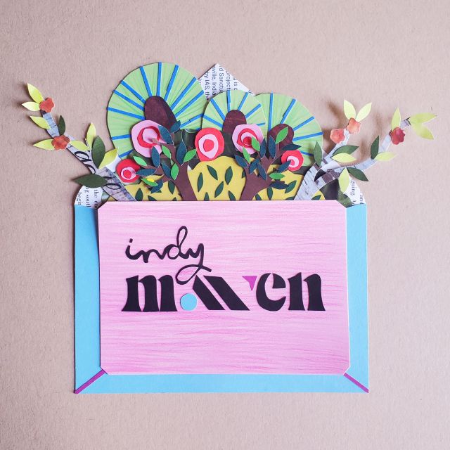 A paper collage of the Indy Maven logo