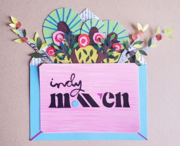 A paper collage of the Indy Maven logo