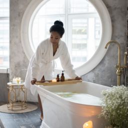 A woman leaning over a bathtub