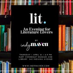 A photo of a bookshelf with the LIT: An Evening for Literature Lovers slide in the center
