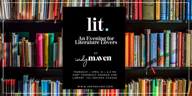 A photo of a bookshelf with the LIT: An Evening for Literature Lovers slide in the center