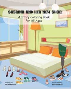 A photo of a book cover that has a bedroom, shoes, and a prosthetic leg with the title "Sabrina and her new shoe!"