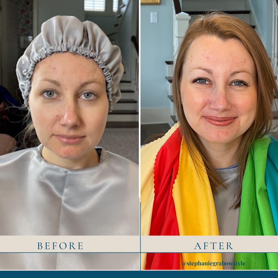 A photo of a before and after photo of a woman without makeup and then with makeup and hair done