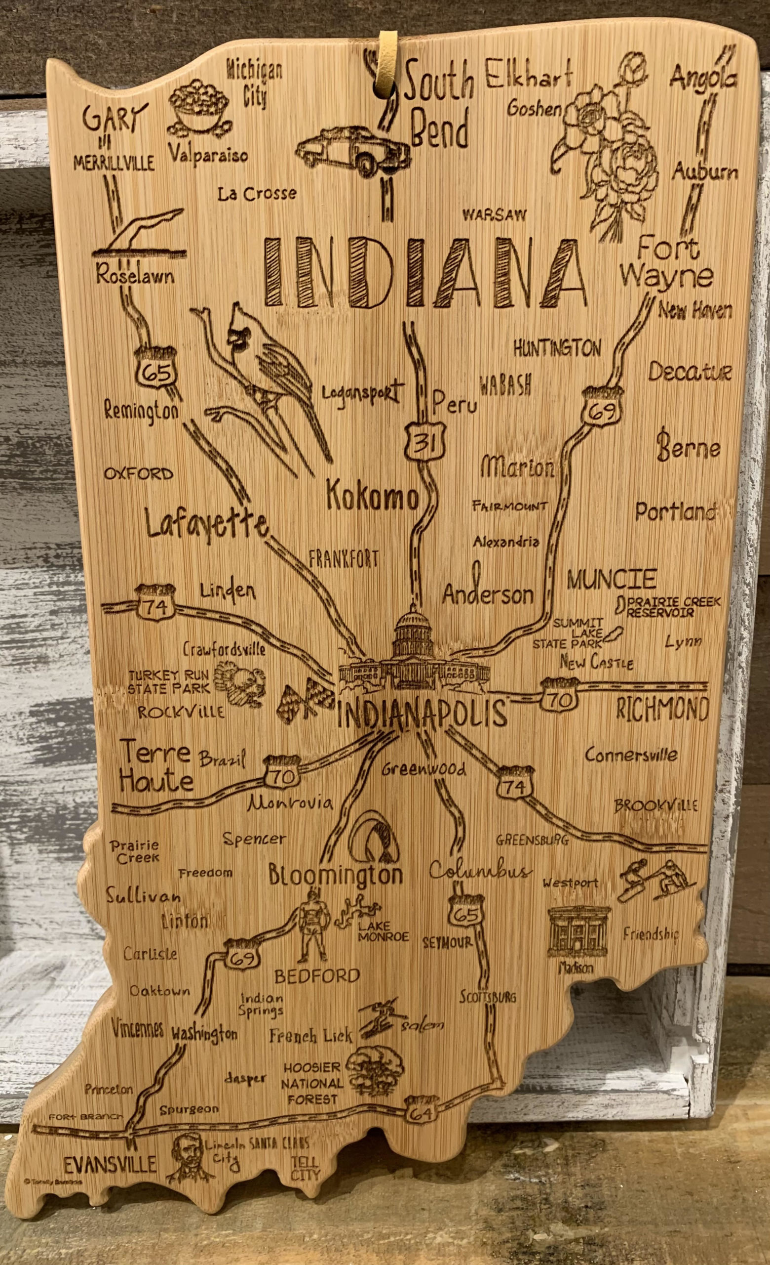 A cutting board in the shape of Indiana