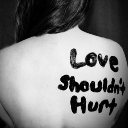 A woman with love shouldn't hurt written on her back