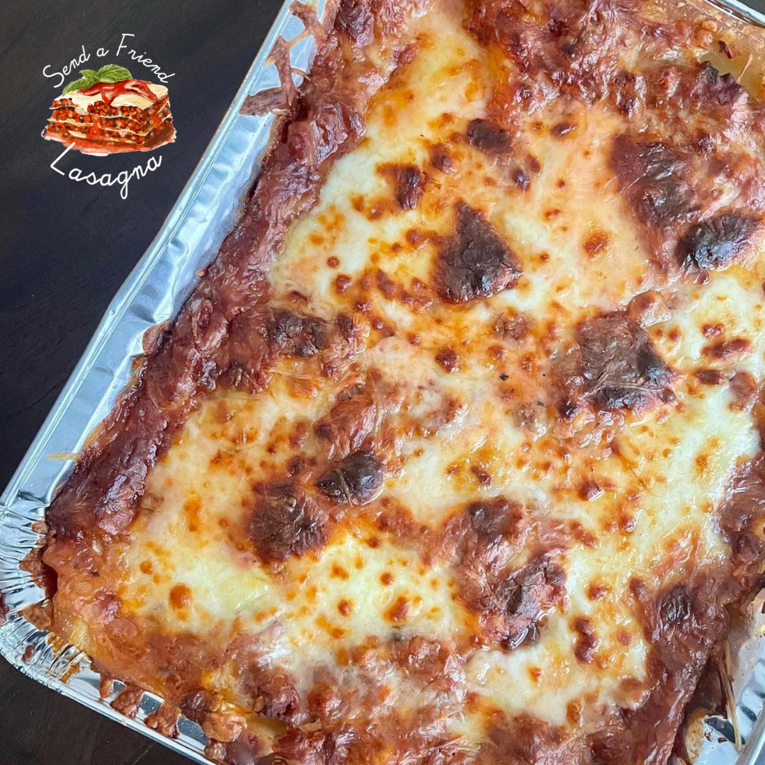 A pan of lasagna from Send a Friend Lasagna