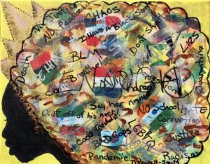 a painting of a black woman with an afro with a bunch of words stemming from the afro mirroring her thoughts