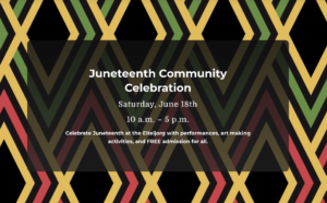 green yellow red aztec design on a black background promoting juneteenth community celebration event in indianapolis