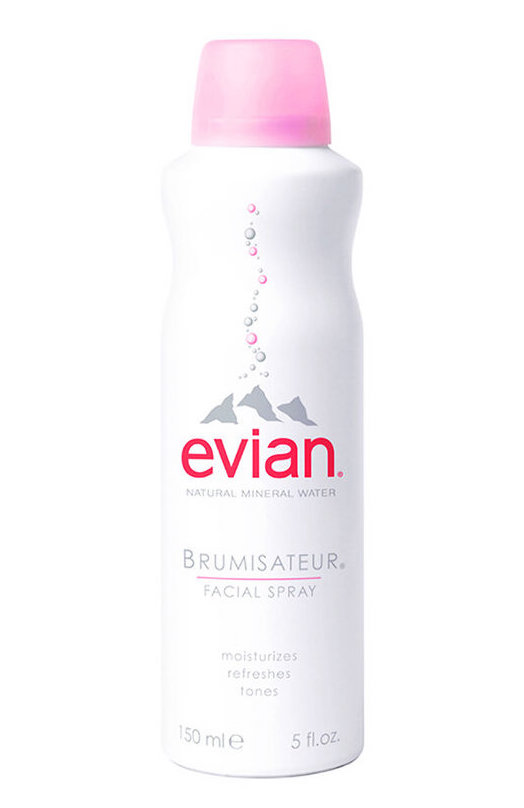 a white bottle with a pink cap that says "evian" containing a facial spray