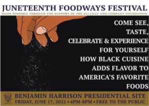 advertisement with black background promoting juneteenth food festival