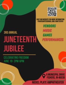 green black red and yellow background promoting a juneteenth jubilee in fisher indiana
