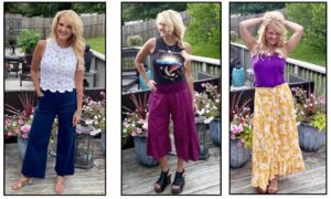 white woman with blonde hair smiling for the camera in a 3 photo photo collage wearing three different summer outfits