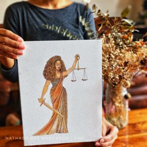 colorful sketch of a female warrior with brown skin and long brown curly hair holding a sword