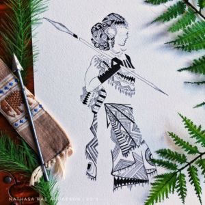 black and white drawing of a female warrior with a sword in aztec print clothing