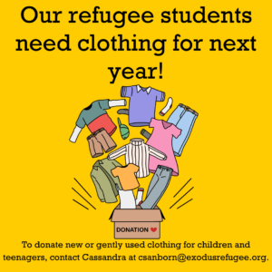 a graphic of the exodus refugee immigration clothing drive fundraiser