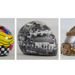 Helmet lineup from the Sleek helmet exhibit