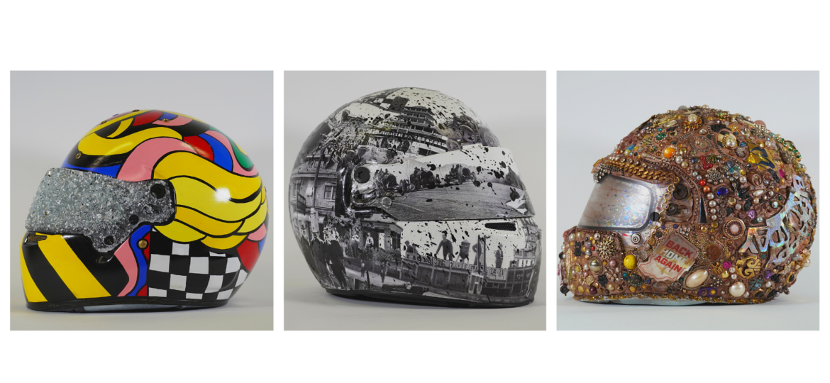 Helmet lineup from the Sleek helmet exhibit