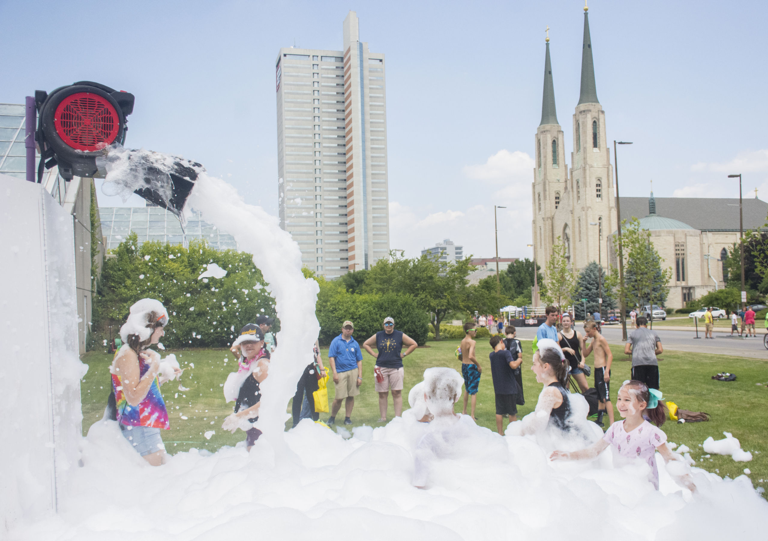 People playing in bubbles at the Open Streets festival in Fort Wayne