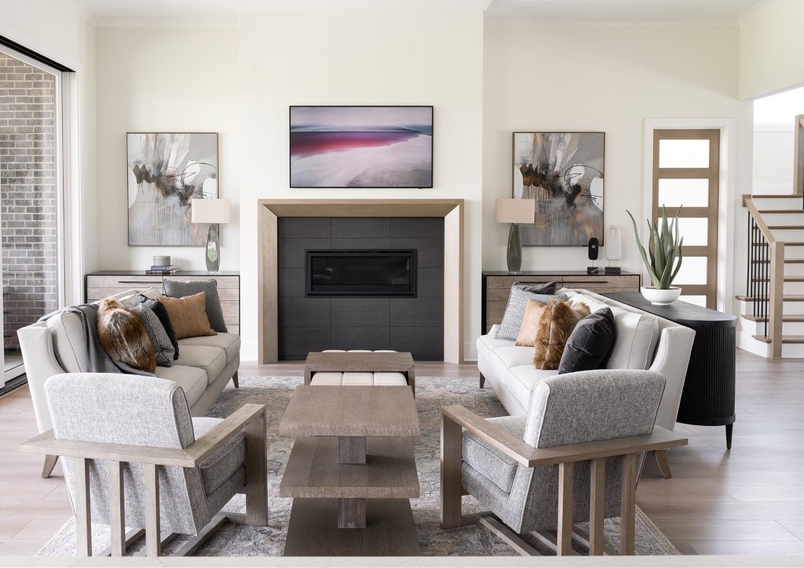 A living room with fireplace home design trend