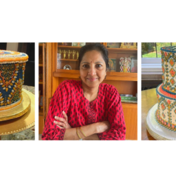 A photo of Naleni Amarnath and two cakes she has made