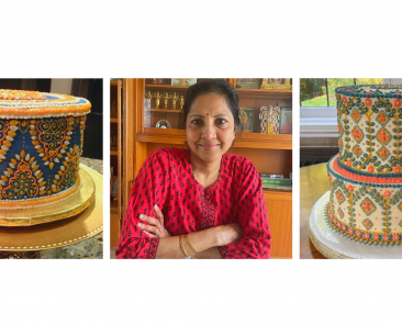 A photo of Naleni Amarnath and two cakes she has made