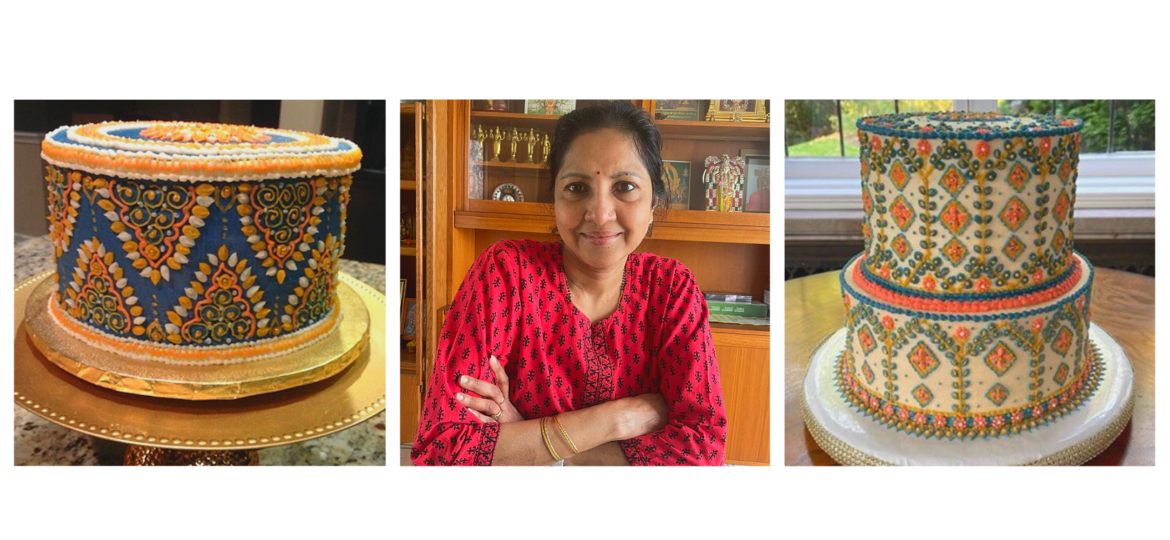 A photo of Naleni Amarnath and two cakes she has made