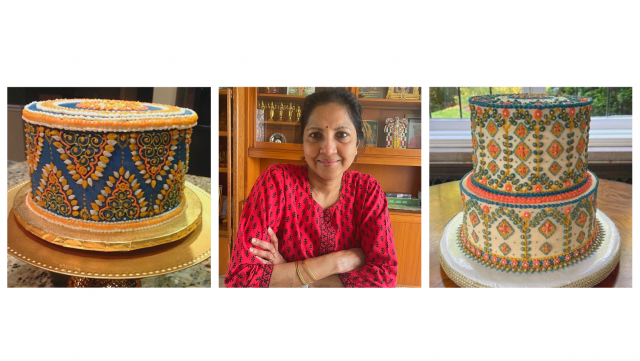A photo of Naleni Amarnath and two cakes she has made