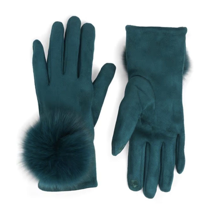 teal gloves with large pom pom at wrist